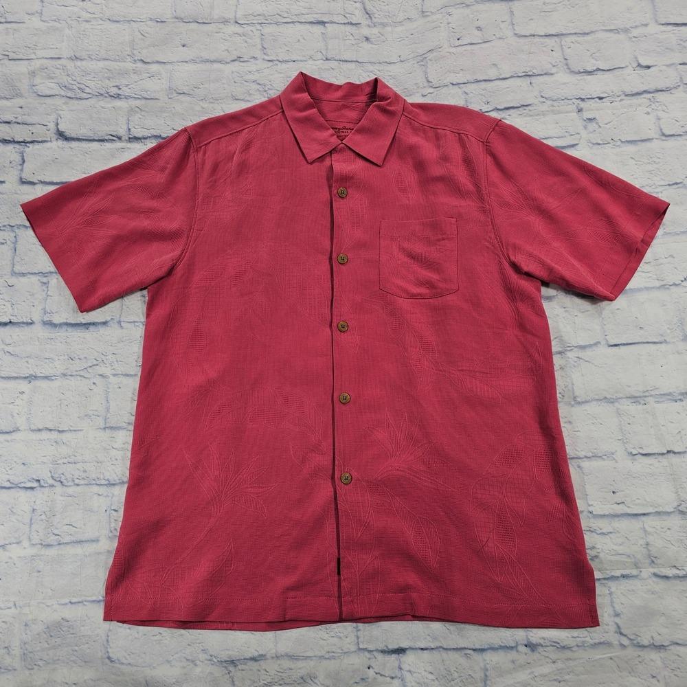 Tommy Bahama Button Down Shirt MENS S Pink Silk Jacquard Leaf Tropical Aloha